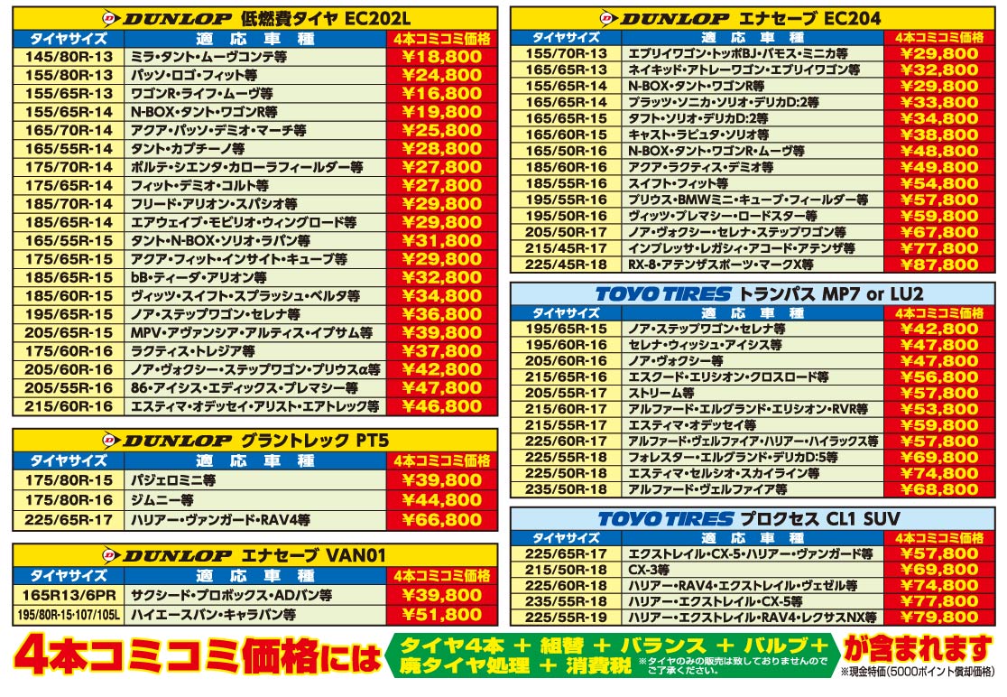 ダンロップ、エナセーブ、ファルケン夏タイヤが４本コミコミでこの価格