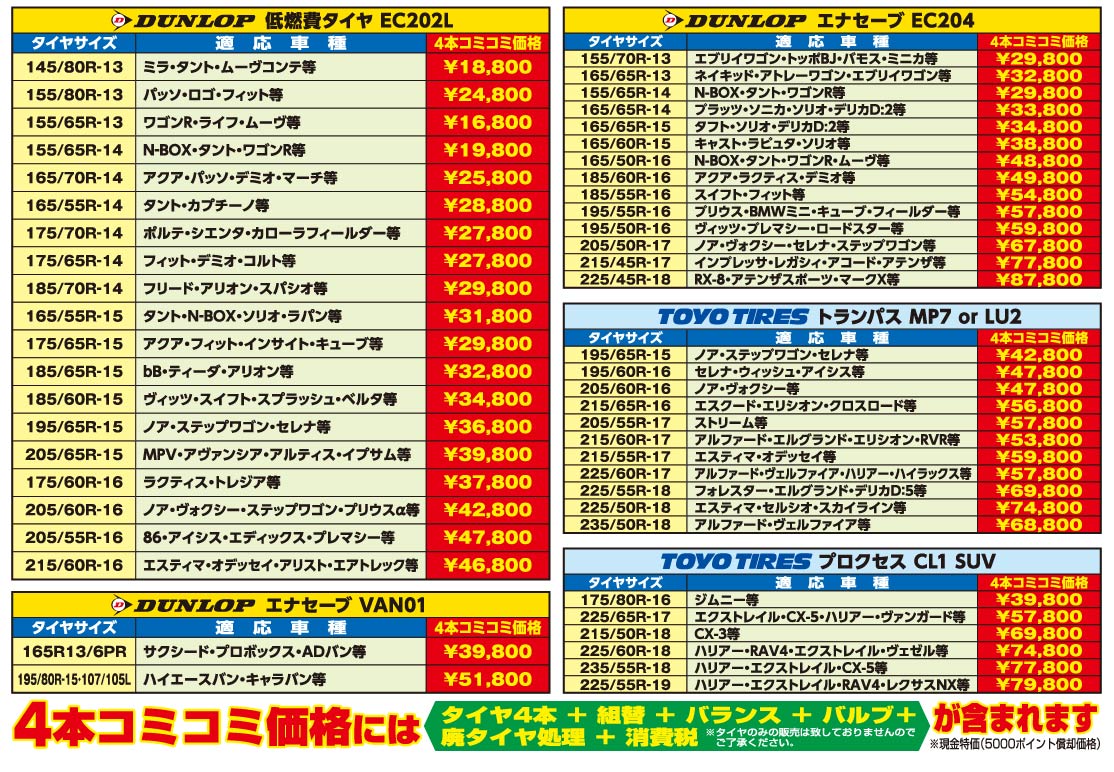 ダンロップ、エナセーブ、ファルケン夏タイヤが４本コミコミでこの価格